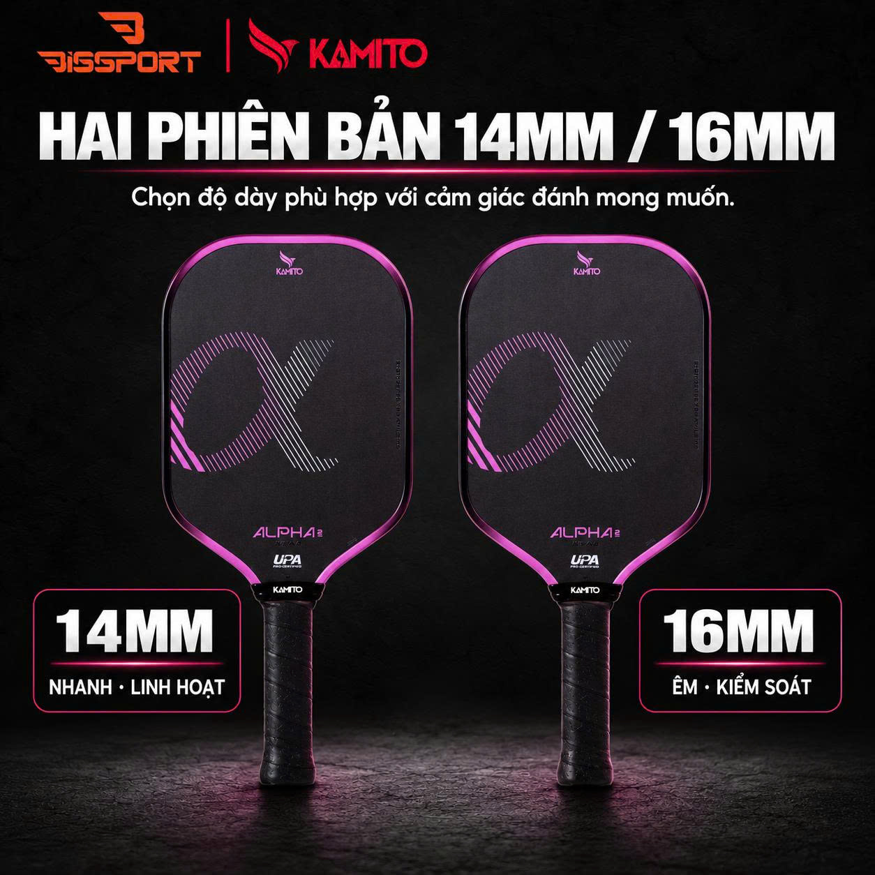 Vợt Pickleball Kamito Alpha 2 Hồng Chính Hãng - Nhẹ Tay - Kiểm Soát Đường Bóng - Mặt Carbon Fiber Nhám